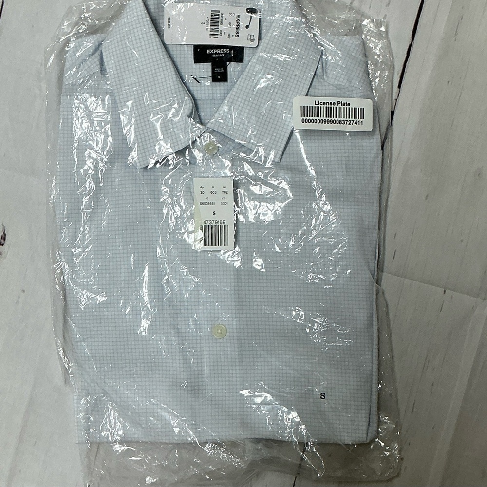 Express Men's Light Blue Patterned Dress Shirt